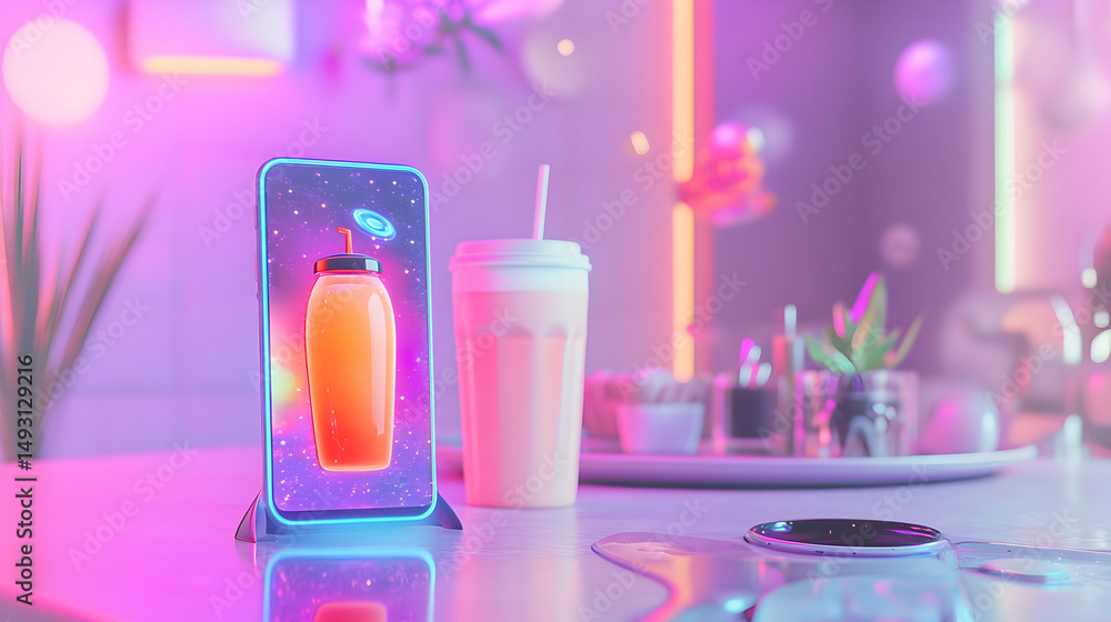 Poster Futuristic Smartphone Displaying Drink Bottle in Colorful Setting