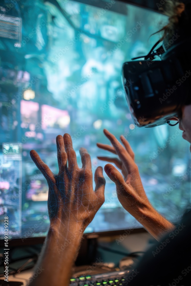 Poster Person Wearing VR Headset Interacting With Digital Interface, Illustrating Technology Adoption and Immersive Experience : Generative AI