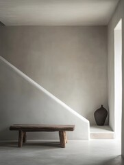 Minimalist interior with wooden bench and vase in neutral tones architectural detail and natural light serene atmosphere