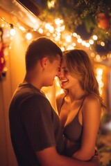 Happy Young Couple Embracing Under Warm String Lights at Night, Representing Romance and Relationship Goals in Intimate Moment : Generative AI