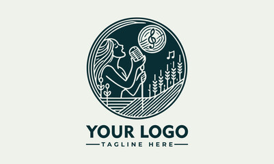 Obraz premium Vintage microphone illustration with musical notes and expressive hand gesture in decorative circular frame. Music concept 