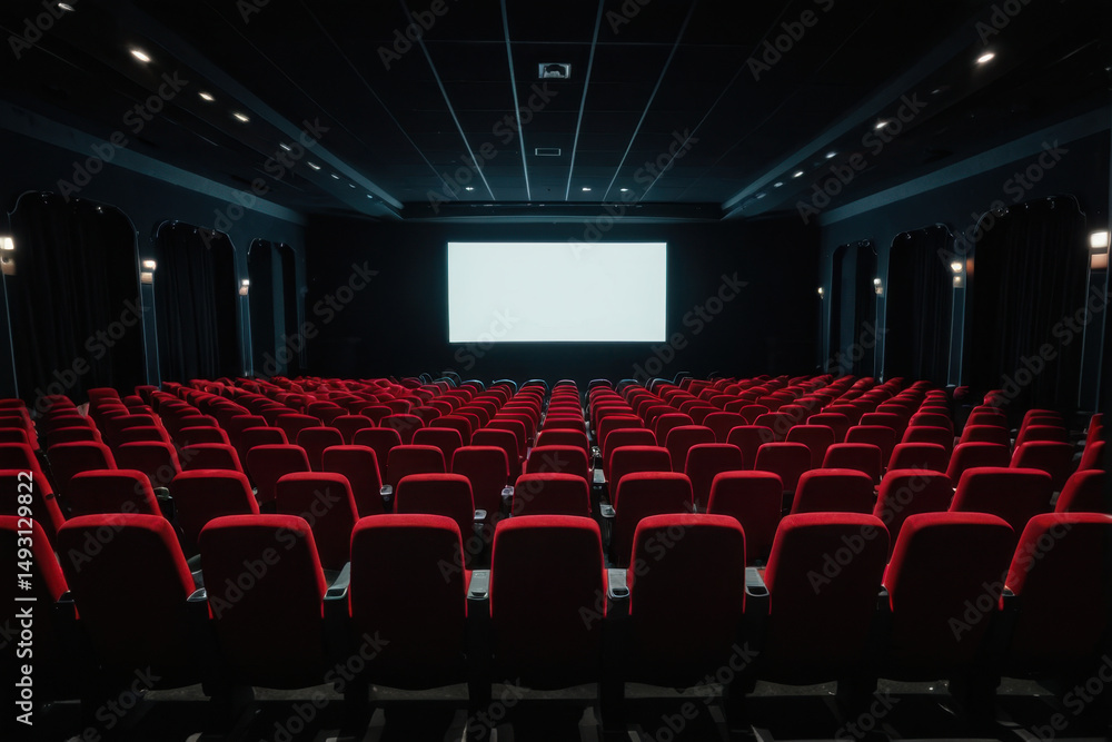 Poster a typical theater setting with rows of red chairs and a large projector screen