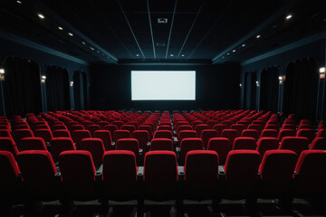 Fototapeta premium A typical theater setting with rows of red chairs and a large projector screen
