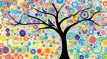 Vibrant tree with colorful birds and flowers