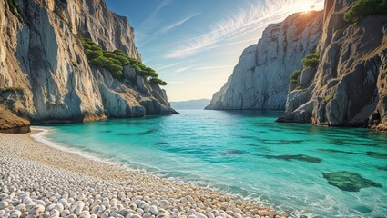 Fototapeta premium Serene cove with crystal-clear turquoise water, white pebble beach, and dramatic cliffs. A picturesque summer getaway.