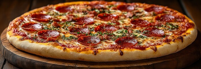 Classic pizza with crispy crust, pepperoni, mozzarella, oregano, served on wooden board.