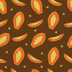 Seamless Hand Drawn Ripe Papaya With Hearts Pattern Design Brown Background