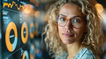 Professional businesswoman analyzing complex financial data on a large digital screen in a modern corporate setting.