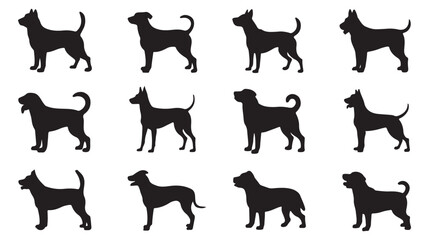 Set of Silhouettes of Different Dog Breeds in Various Poses, Perfect for Animal, Pet, and Dog-Related Designs. Clean and Simple Illustrations Ideal for Pet Industry and Animal Lovers.