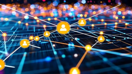 Network connections with user icons and bokeh on blue grid background - Powered by Adobe