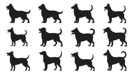 Set of Silhouettes of Different Dog Breeds in Various Poses, Perfect for Animal, Pet, and Dog-Related Designs. Clean and Simple Illustrations Ideal for Pet Industry and Animal Lovers.