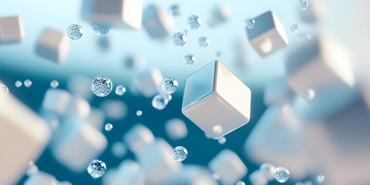 Floating white cubes and spheres in a light blue environment.