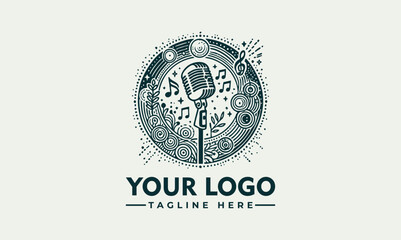 Vintage microphone illustration with musical notes and expressive hand gesture in decorative circular frame. Music concept
