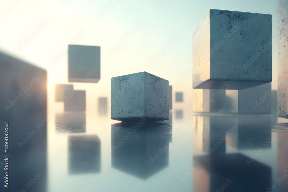 Poster Abstract floating cubes with reflection and soft light effect