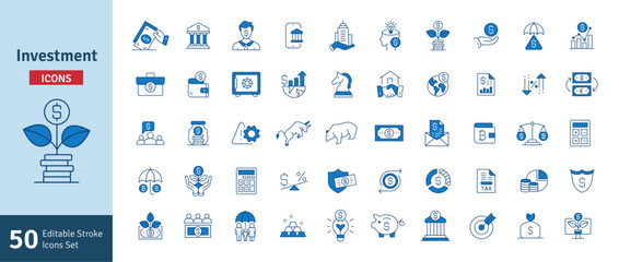 Investment Blue Line Icons Set. Property, Economy, Portfolio, Strategy, Banking, Money, Investor, Currency, Retirement, Wealth Icons. Editable Stroke Vector Illustration
