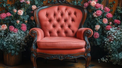A classic single armchair with dark wood arms, placed in front of a vintage-style floral wall design 