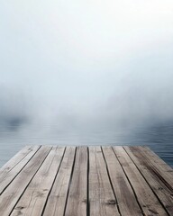 Tranquil lake view from wooden dock perspective misty atmosphere calm water surface peaceful scene nature background
