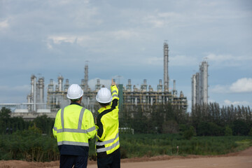 Team engineer worker observes oil refinery at construction site. Survey area energy petrochemical business in Industrial zone.