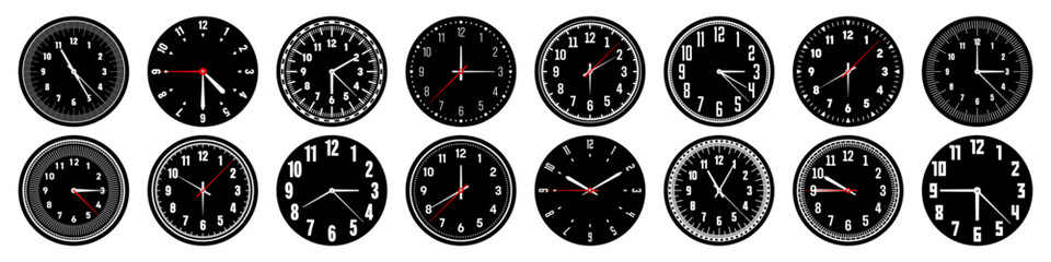 Mechanical clock faces with hands, bezel. Watch dial with minute, hour marks and numbers, arabic numerals. Timer or stopwatch element. Measuring circle scale with divisions. Vector illustration
