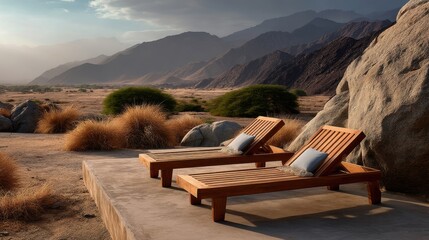 Two wooden sun loungers rest on concrete, facing rocky desert mountains. Dry shrubs dot the scene, sky glowing softly.