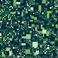 Dark teal background with a dense, scattered pattern of small, irregularly shaped pixels in various shades of green and light beige, creating a digital camouflage or abstract mosaic effect.