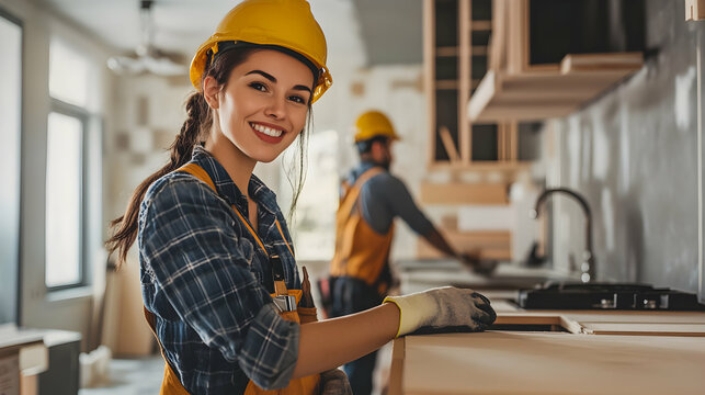 Smiling Woman in Construction Site with Carpenter Working Behind Her