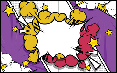 Pop art comic background with halftone colors and cute clouds