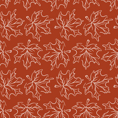 Maple leaf seamless pattern in line art style on red background. Linear, hand drawn autumn design for wallpaper.