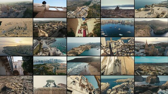 Mediterranean Coastline of Malta captured in a cinematic collage of Maltas architecture, coastlines and heritage. A dynamic visual journey through iconic landscapes and cities.