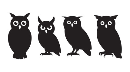 Set of Owl Icons in Different Poses, Featuring Simple Silhouettes of Owls. Perfect for Representing Wisdom, Nature, and Birds in Minimalist Design Styles.