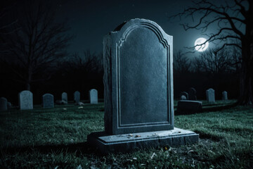 A serene and quiet cemetery scene under the light of a full moon