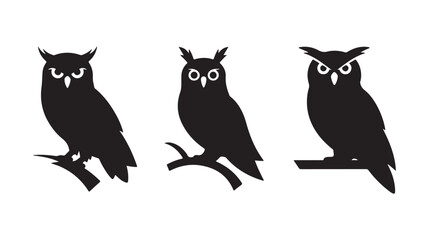 Set of Owl Icons in Different Poses, Featuring Simple Silhouettes of Owls. Perfect for Representing Wisdom, Nature, and Birds in Minimalist Design Styles.