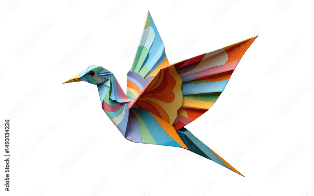Poster a multicolored origami bird with intricate folded patterns and sharp, elegant lines.
