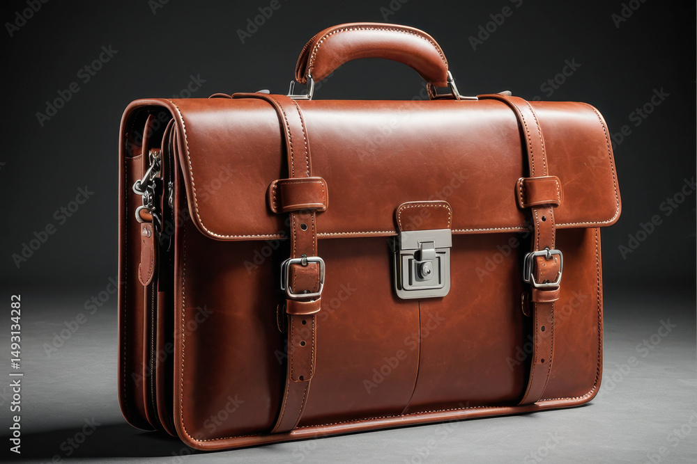 Poster a brown briefcase sits on a table with no other objects in sight, making it perfect for use as a pla