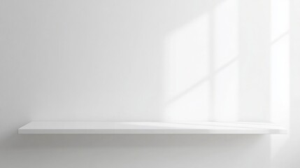 Fototapeta premium White shelf on a white wall with window light creating shadows in an interior space