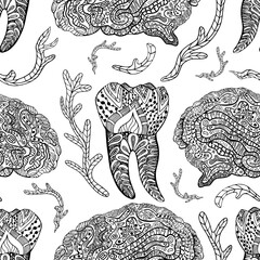 Seamless vector pattern of anatomical human tooth with nerve roots, brain, and internal organs in hand-drawn monochrome medical style