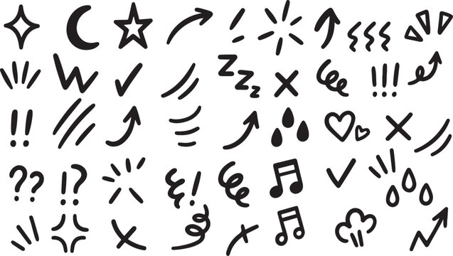 Cartoon Emphasis & Emotion Vector Elements &ndash; Hand Drawn Doodle Arrows, Sparkles, Shock Lines, Movement Marks, Comic Style Icon Set for Anime Effects, Stickers, Posts, Thumbnails & Illustration Design