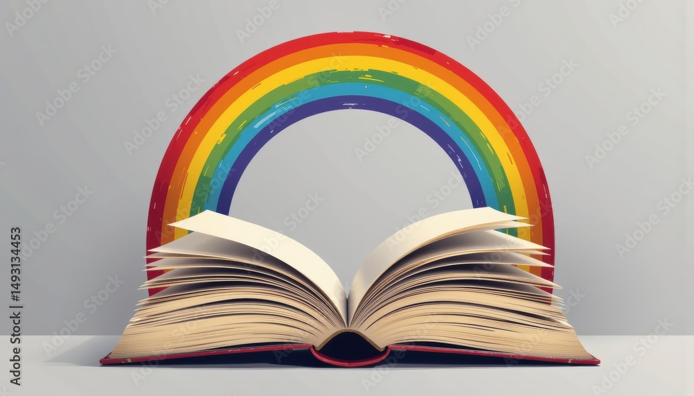 Poster an open book with a colorful rainbow arching from its pages, symbolizing imagination and creativity.