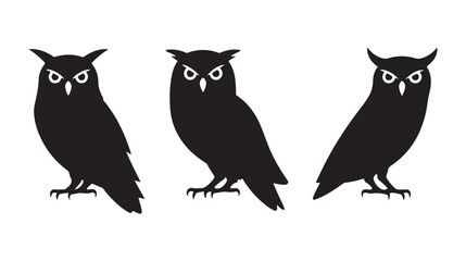 Set of Owl Icons in Different Poses, Featuring Simple Silhouettes of Owls. Perfect for Representing Wisdom, Nature, and Birds in Minimalist Design Styles.