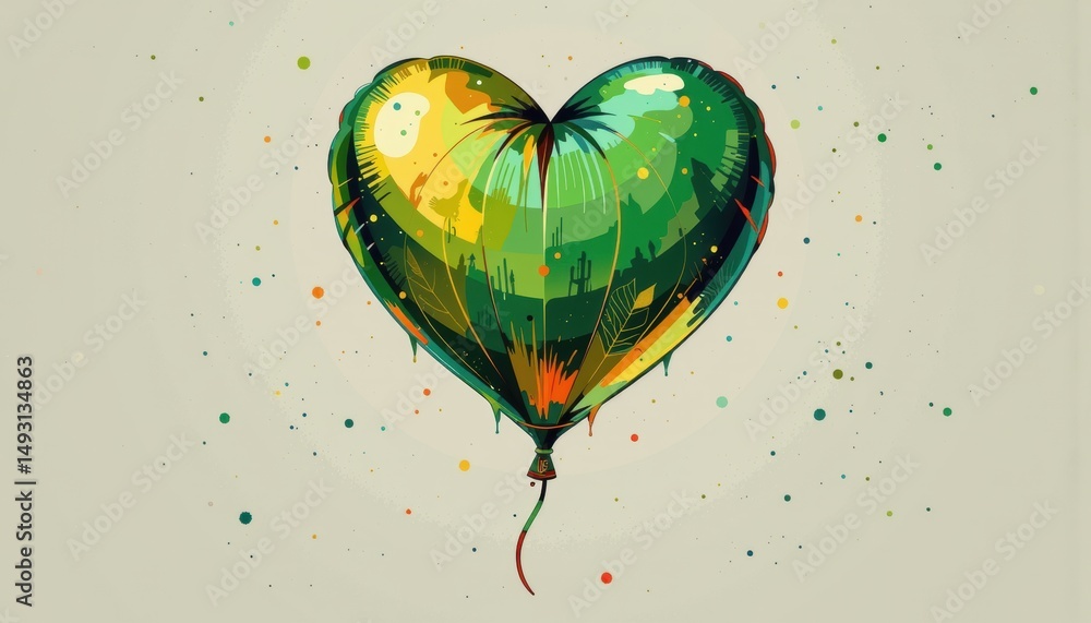Poster a heart-shaped, green balloon with abstract patterns floats against a light background with colorful