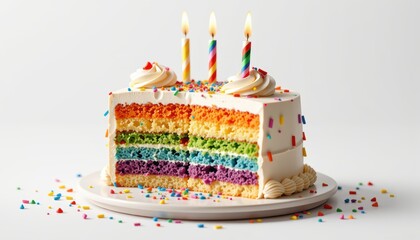 Colorful rainbow layer cake with white frosting, sprinkles and three lit candles, perfect for a birthday celebration.