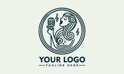 Vintage microphone illustration with musical notes and expressive hand gesture in decorative circular frame. Music concept
