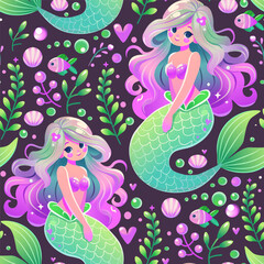 Seamless vector pattern featuring colorful cartoon mermaids with long flowing hair, underwater plants, seashells, fish, and bubbles in a whimsical marine fantasy style