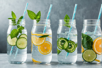 A collection of mason jars filled with various beverages, perfect for use in party or event photography