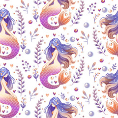 Seamless vector pattern featuring colorful cartoon mermaids with long flowing hair, underwater plants, seashells, fish, and bubbles in a whimsical marine fantasy style