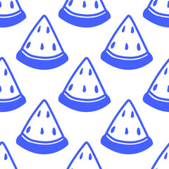 A cute blie seamless pattern with wedges of watermelon. Fun line art summer print.
