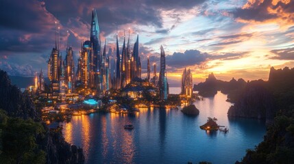 Obraz premium Futuristic city island at sunset