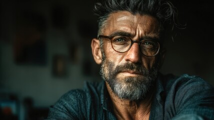 Close-Up Portrait of a Mature Man with Beard and Glasses in a Casual Indoor Setting