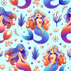Seamless vector pattern featuring colorful cartoon mermaids with long flowing hair, underwater plants, seashells, fish, and bubbles in a whimsical marine fantasy style