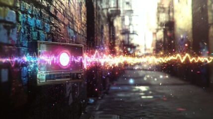 Urban alleyway with vibrant sound waves